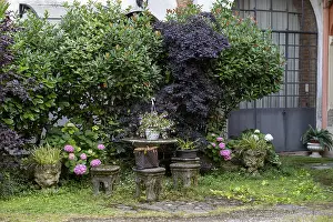 Category Historic EN Prints: A peaceful garden escape with lush greenery flowers in stone planters