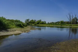 A peaceful river shines under a clear sky