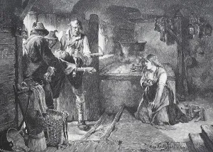 Peasants bring home a man who has crashed in the mountains