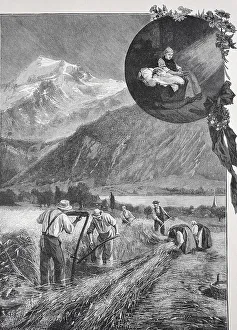 Peasants harvesting the grain of a widow in a mountainous landscape