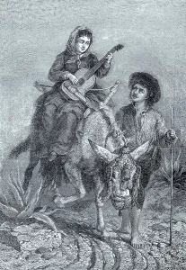 Peasants in Spain, she is riding a donkey and playing the guitar