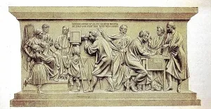 The pedestal relief by Friedrich Drake on the monument to Beuths zu Kiss in Berlin shows a photographer at work