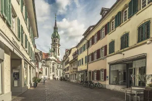 Pedestrian zone and St Nicholas Catholic Church in the historic old town