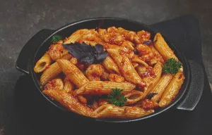 Penne pasta, with shrimp in tomato sauce