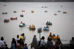 People boating at Le Corbusier architectural wonder
