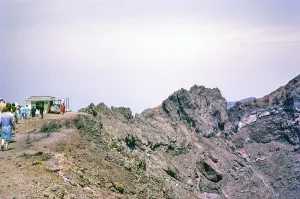 People at crater of Mount Vesuvius volcano, Naples, Campania, Italy, Europe 1967, Europe