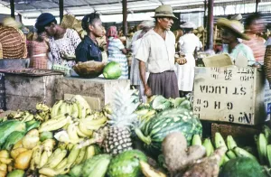 People at the fruit market in Castries, St Lucia, West Indies, early 1960s