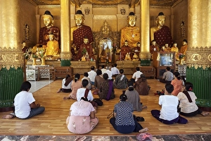 People meditating in front of Buddha statues