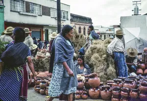 People in the pottery section of the Friday market, Toluca, Mexico, 1961, Central America