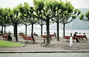 People sitting on benches on a terrace overlooking the Rhine, Andernach, Mayen Koblenz, Rhineland-Palatinate, Germany, Europe 1961, Europe