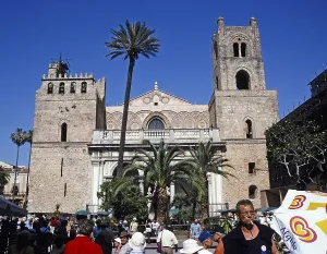 People on the street in front of the Norman cathedral of Monreale, near Palermo, Sicily, Italy, in 1999, Europe