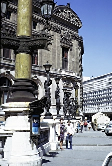 People on the street in front of the Opera building, Paris, France 1971