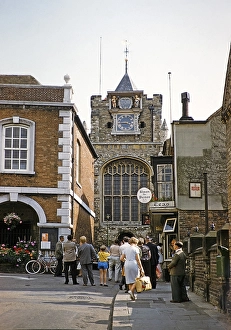 People in the street walking past the Simon the Pieman tea shop towards the parish church, Lion Street, Rye, Kent, England, United Kingdom, early 1960s, Europe