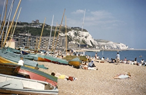 People sunbathing on the beach at Dover, Kent, England, Great Britain, early 1960s