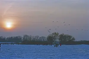 People walk across ice rink, sunset