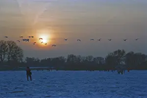 People walk across ice rink, sunset