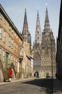 People walking in The Close towards Lichfield Cathedral Church, Lichfield, Staffordshire, England, United Kingdom, early 1960s, Europe