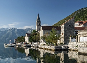 Perast traditional balkan village mountain landscape by kotor bay in montenegro