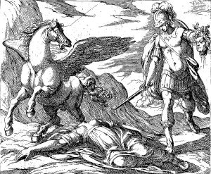 Perseus kills Medusa, from the bleeding wound of the headless Medusa spring Pegasus