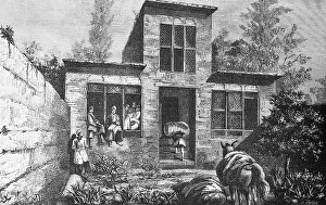 Persian house with garden, plants, wall, people, donkey, loads, carrying luggage, travelling in Asia, Iran, historical illustration 1887, Asia