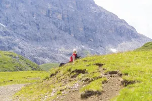 Person sitting on a green meadow with rocky mountains in the background