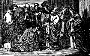 Peter converts 3000 souls to Christianity through his speech, New Testament, history of the apostles, kneeling, praying, woodcut, historical illustration