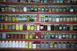Pharmacy with many glasses in monastery Tashi Gompa Phu Nar-Phu Annapurna Region Nepal
