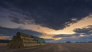 Photograph of a large stack of round bales on a harvested field in the evening light