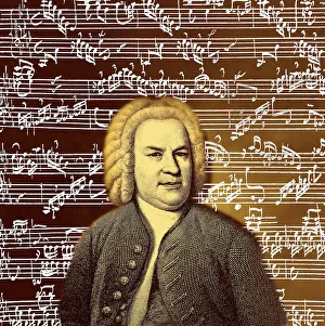 Piano Fantasia in C minor, sheet music manuscript and portrait of Johann Sebastian Bach