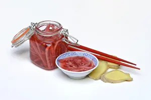 Pickled ginger in glass and peel