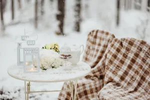 Picnic in the winter forest. Metal forged table and plaid plaids