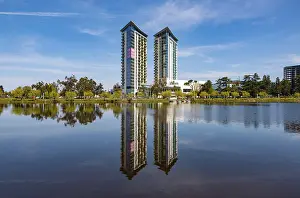 A picture of the Hilton Batumi Hotel reflected on the Nurigeli Lake