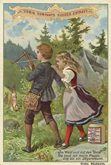 Picture series Children, boy and girl playing with a crossbow hunting hares