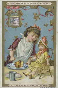 Picture series Girl playing with a doll: Now there is something to eat