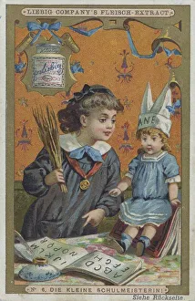 Picture series Girl playing with a doll: the little schoolmistress