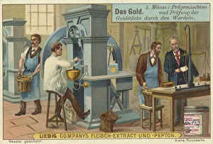 Picture series The gold, minting machine and testing of the gold pieces by the warden