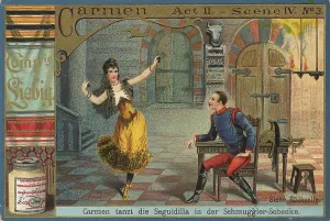 Picture series Opera Carmen, Carmen dances the Seguidilla in the smugglers tavern