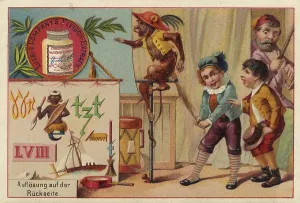 Picture series Riddles, children play with a monkey in the circus and pull it by the tail