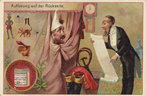 Picture series Riddles, Man with a long list stands in front of a curtain behind which someone is changing clothes
