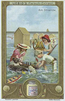 Picture series Am Strande, children playing in the water with a toy ship