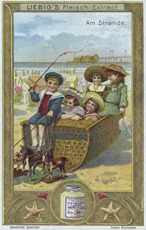 Picture series Am Strande, children in a wicker carriage with a wooden horse in front of it