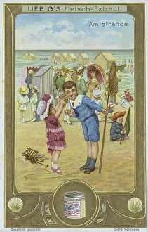 Picture series Am Strande, Kinder lauschen an einer Muschel (On the beach) (children listening to a shell)