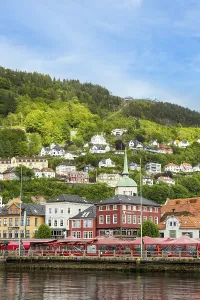 Picturesque Bergen waterfront with Fish Market and mountain backdrop