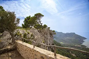 A picturesque cliff landscape with trees and a view of the sea and the coast under a blue sky