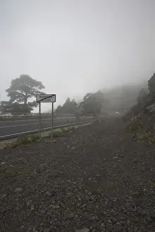 A picturesque mountain road snakes through thick fog and clouds in the highlands of La Palma