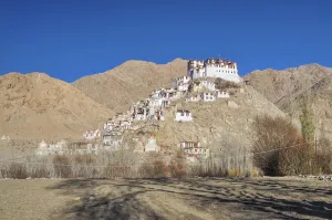 Picturesque side view of Chemrey monastery from the distance
