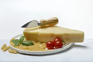 A piece of Parmesan cheese with cheese knife