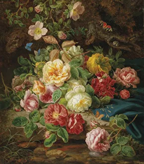 Piece of roses with butterflies by a forest stream