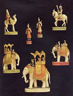 Pieces from chess set in carved and coloured ivory, Delhi, India, Asia