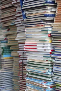 A pile of disused school textbooks in a classroom in Germany
